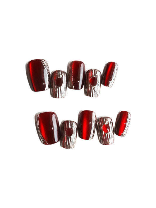 Blood Moon red chrome press-on nails with silver texture | Comfy tip