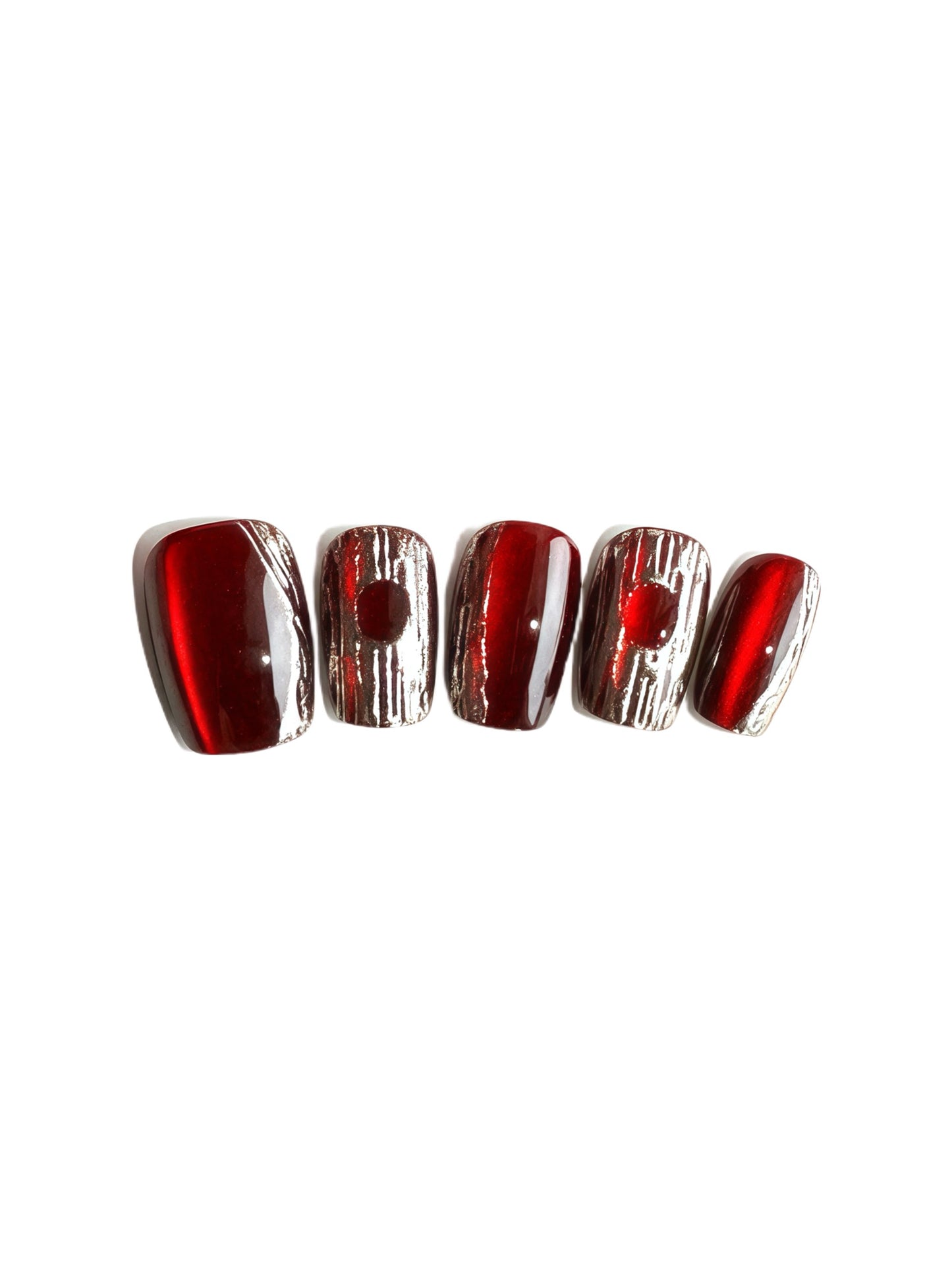 Blood Moon red chrome press-on nails with silver texture | Comfy tip