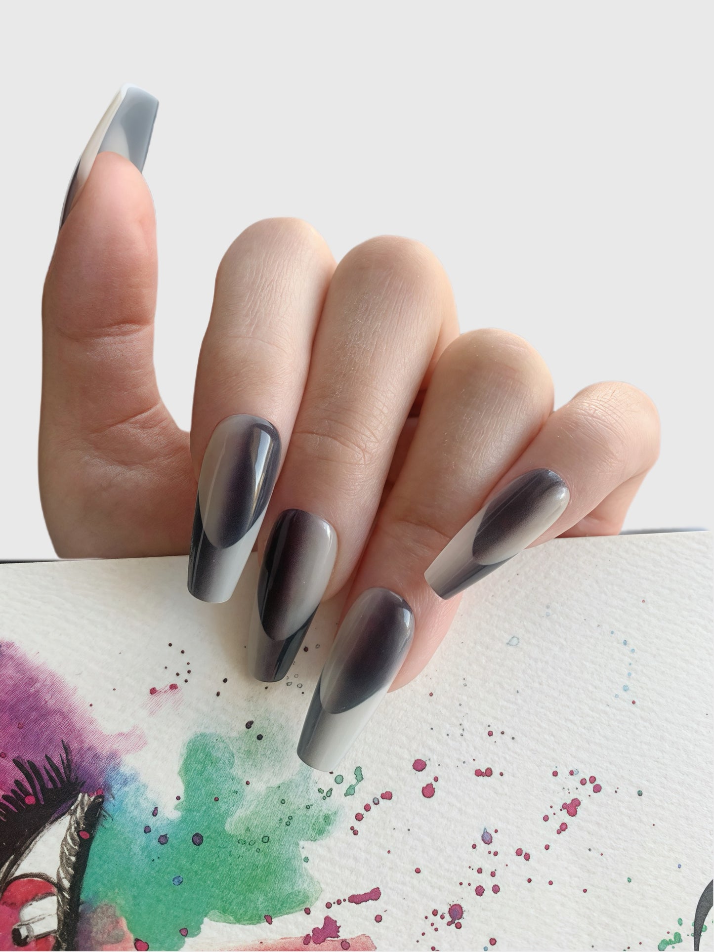 Noir Ombre long coffin press-on nails with black-to-clear gradient by Comfytip