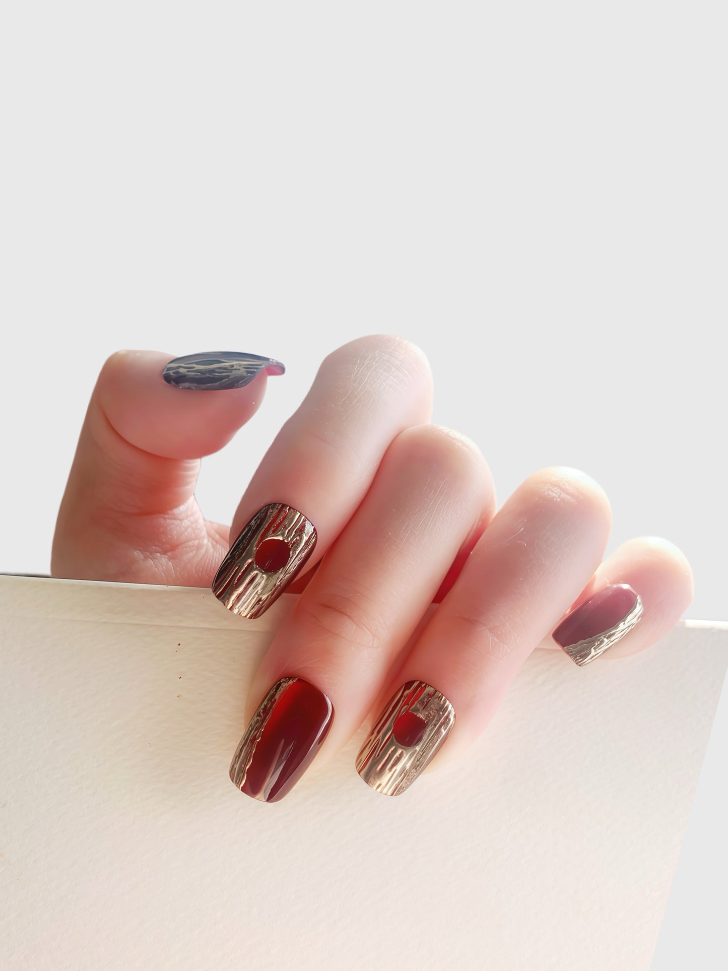 Blood Moon red chrome press-on nails with silver texture | Comfy tip