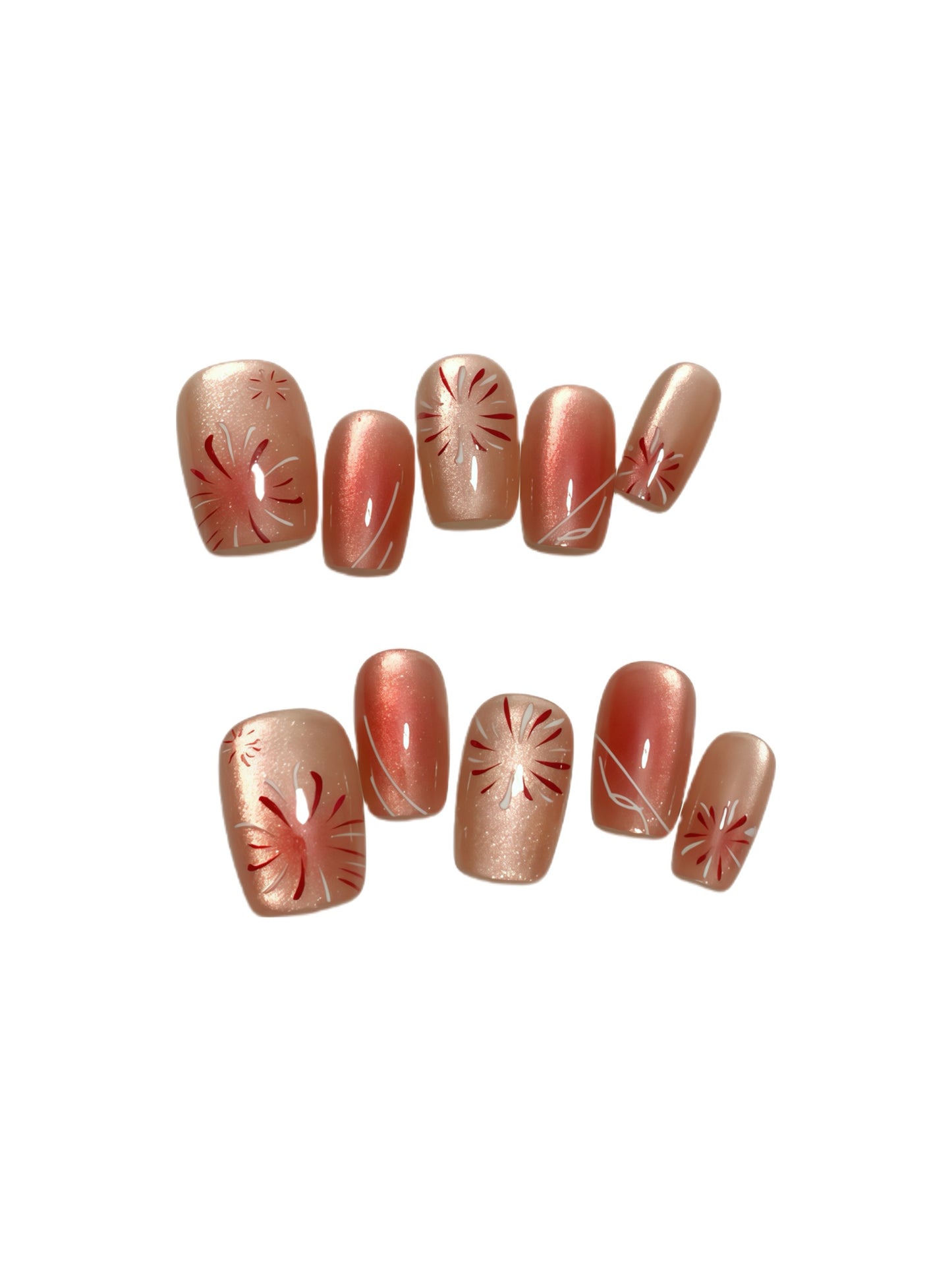Sunset Sparkle peach coral glitter press-on nails with red floral firework design by Comfytip