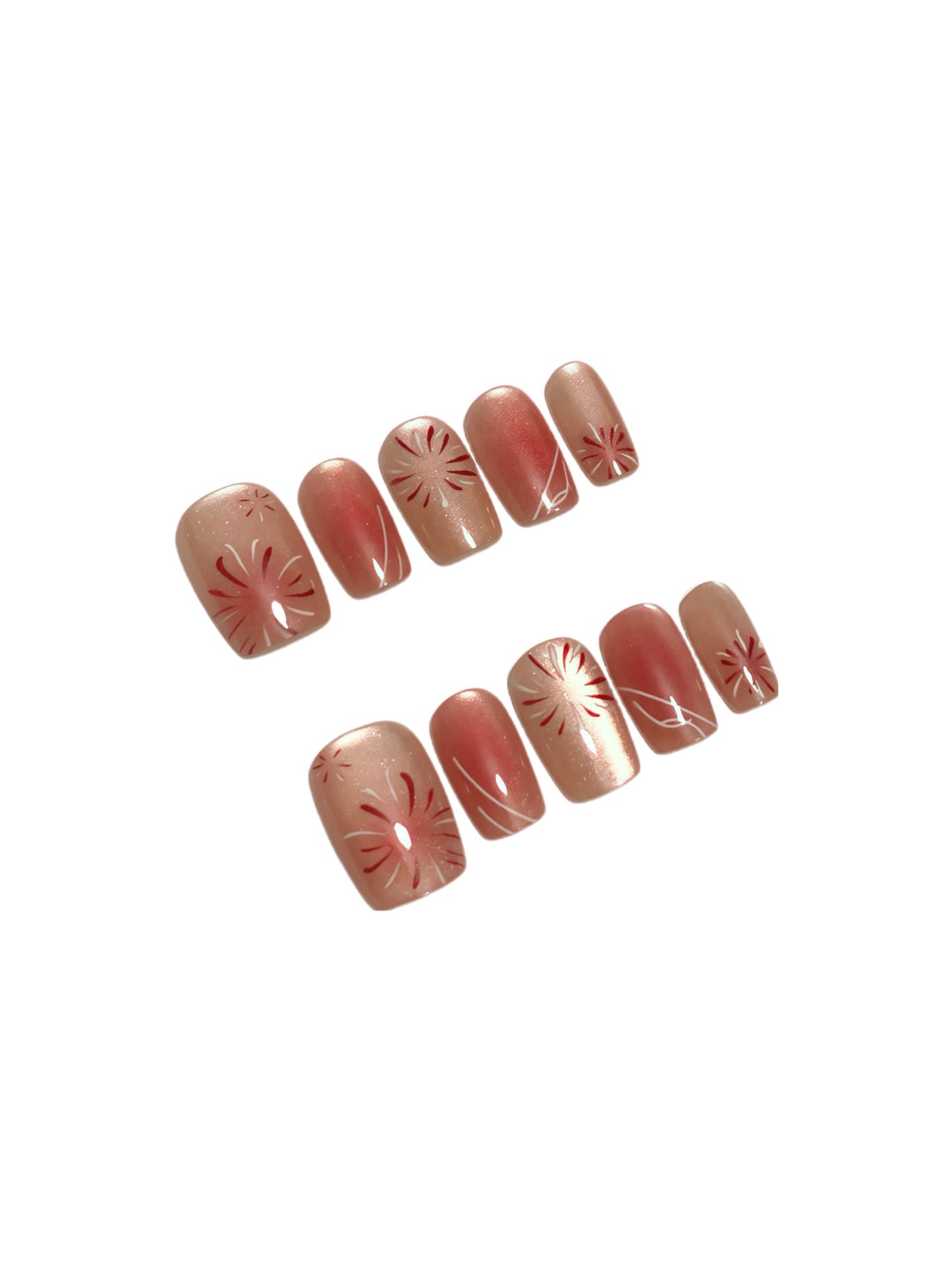 cat eye press-on nails with red floral firework design by Comfytip
