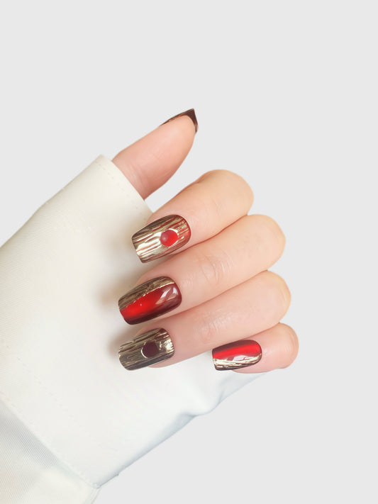 Blood Moon red chrome press-on nails with silver texture | Comfy tip
