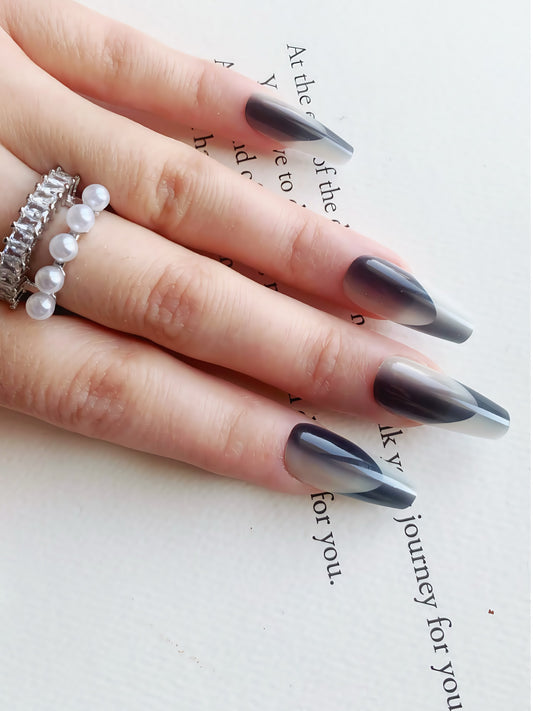 Noir Ombre long coffin press-on nails with black-to-clear gradient by Comfytip